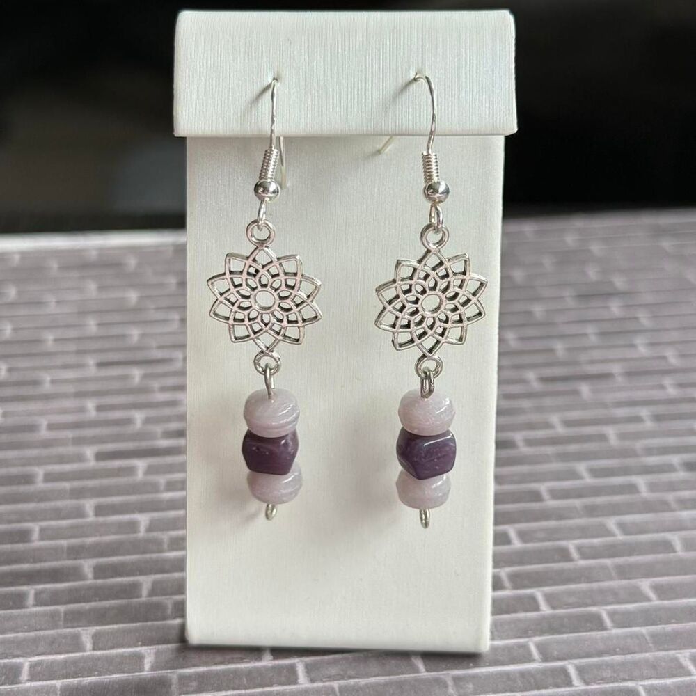 Mandala Lavender Colored Beaded Sterling Silver Dangle Earrings